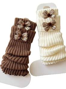 1双白色芭蕾舞风格蝴蝶结装饰腿套，保暖舒适，日式风格，适合秋冬季穿着 - 彩色 - 查看 9