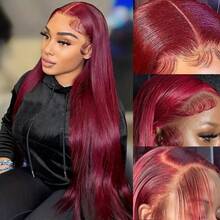 13x4 直发假发，真人发，带婴儿发，200% 密度，99j 酒红色蕾丝前假发，合成假发，前额预拔毛漂白发结，高清透明骨白色直发蕾丝前假发，真人混纺发，适合女性，尺寸 10-34 英寸 - SBUG/99J - 查看 7