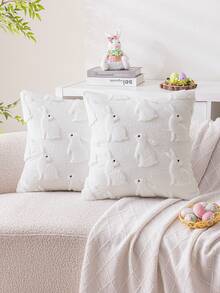 1pc White Easter Bunny Pillow Cover, Cute Fluffy Rabbit Embroidered Farmhouse Style Cushion Cover Suitable For Living Room, Dining Room, Sofa, Bed - White - View 7