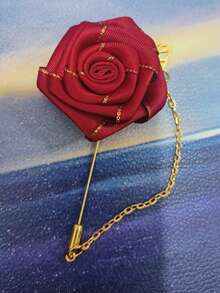 1pc Men's Rose Flower With Golden Leaf Brooch, Suit Lapel Pin, Wedding Brooch, Rose Brooch, Fabric Rose Flower With Golden Leaf Brooch, Men's Rose Flower Lapel Pin, Wedding Accessory/Suit Lapel Flower, Wedding Party Brooch - Multicolor - View 6