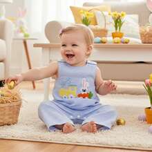 Toddler Girls Boys Clothes Ovrealls Rompers Easter Clothes Rabbit Carrot Embroidered Sleeveless Baby Bodysuits Jumpsuits - Baby Blue - View 4