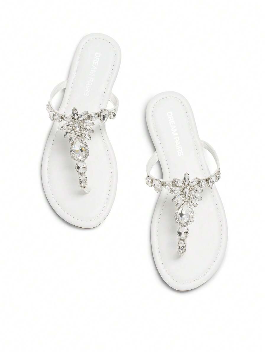 Women Flat Sandals Rhinestone T-Strap Flip Flops Thong Sandals Vacation Beach Casual Chic Party Slip On Sandals Shoes - 白色 - 查看 1