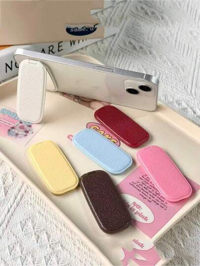 Leather Faux Leather 1pc Korean Style Solid Color Faux Leather Folding Makeup Mirror Phone Holder, Fashion Adhesive Style, Horizontal & Vertical Dual-Use Mirror, Fits All Phone Models Valentine's Day Gift