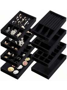 1个天鹅绒首饰托盘，可堆叠天鹅绒首饰收纳盒托盘，首饰展示抽屉托盘，适用于耳环、项链、手镯、戒指等多种款式，首饰收纳，结婚礼物，送给她的礼物 - 彩色 - 查看 3