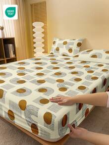 1pc Digital Printed Fitted Sheet, Mattress Protector, Soft & Breathable, Anti-Pilling, Home Decor, Bedroom Bedding, Minimalist Round Polka Dot Pattern Fitted Sheet, Fashionable Mattress Cover - Multicolor - View 1