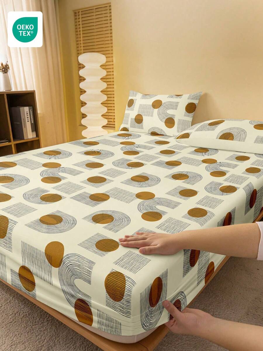 1pc Digital Printed Fitted Sheet, Mattress Protector, Soft & Breathable, Anti-Pilling, Home Decor, Bedroom Bedding, Minimalist Round Polka Dot Pattern Fitted Sheet, Fashionable Mattress Cover - Multicolor - View 1