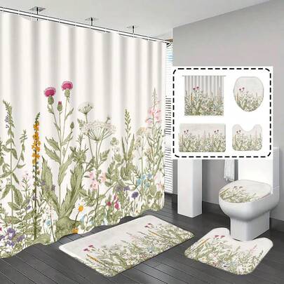 1件/4件套浴室浴帘套装，浴帘套装，浴室装饰，浴室地毯，家居装饰，浴垫，鼠尾草和花卉图案，礼品，植物主题装饰，浴室套装，包含12个挂钩