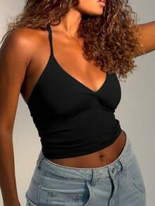 女士休闲纯色修身吊带露脐上衣，性感街头风，适合日常、派对、度假、春夏穿着，黑色 - 黑色 - 查看 3