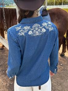 jinzarr 女士优雅花卉刺绣复古图案牛仔衬衫 - 中等水洗藍 - 查看 5