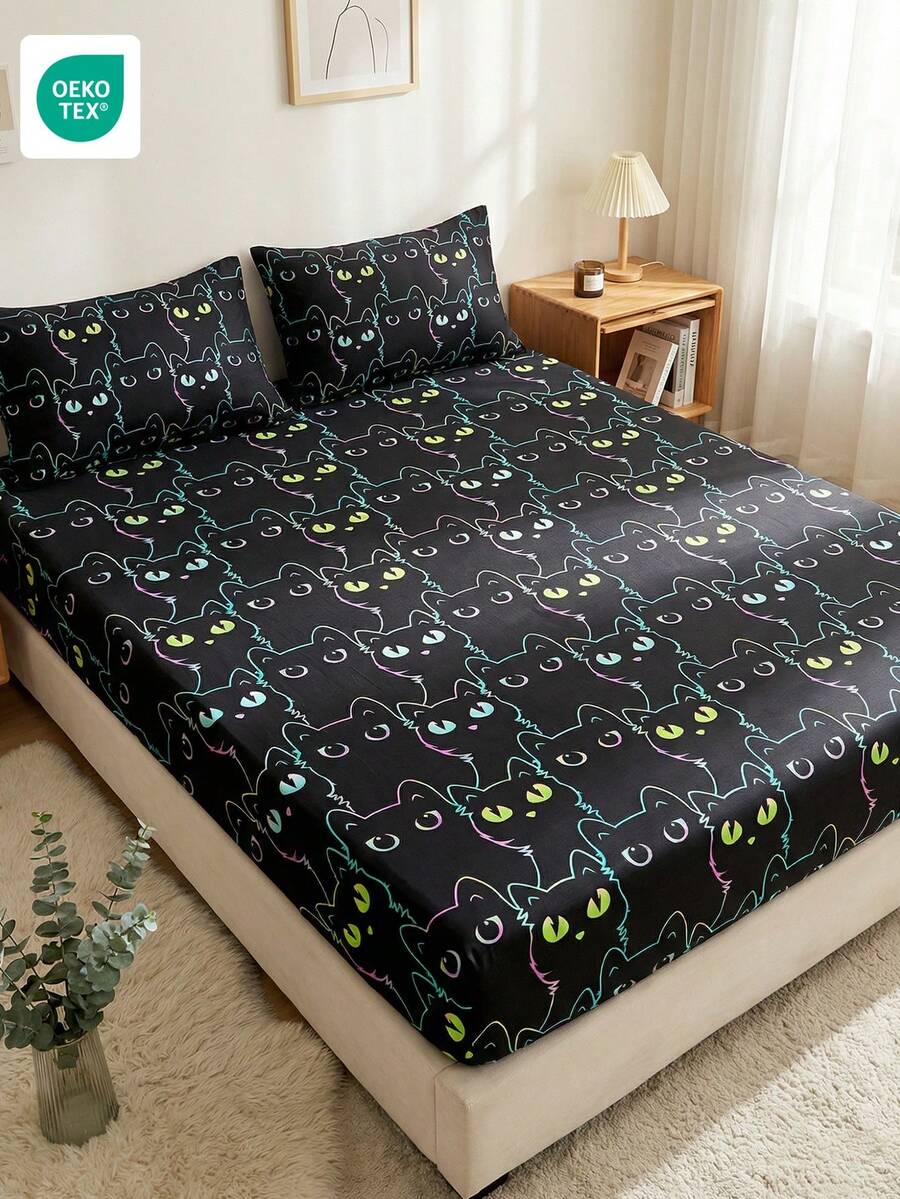 1 pieza Sábana ajustable con lindo diseño de gato de dibujos animados, ropa de cama, protector de colchón, decoración del hogar, textil del hogar cómodo. Sábana ajustable transpirable y antipelusas, suave y amigable con la piel, ropa de cama cómoda para el dormitorio. - Multicolor - Ver 1