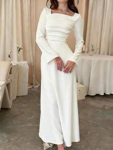 SuofeiMan Women's Casual Long Knit Dress, Square Neck Long Sleeve, A-Line Mermaid Hem Design - White - View 1