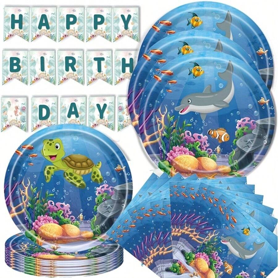 68-Piece Under The Sea Themed Birthday Party Tableware Set, Including Plates, Napkins, And Cups. This Ocean Animal Themed Party Tableware Set Is Suitable For Various Themed Birthday Parties, Events, And Party Supplies, And Is Also Compatible With Holidays And Party Occasions Such As Christmas, New Year, And Valentine's Day. - Multicolor - View 1