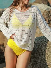 Cubre todo de mujer con diseño calado, blusa de punto de manga larga con protección solar para vacaciones de verano - Blanco - Ver 5
