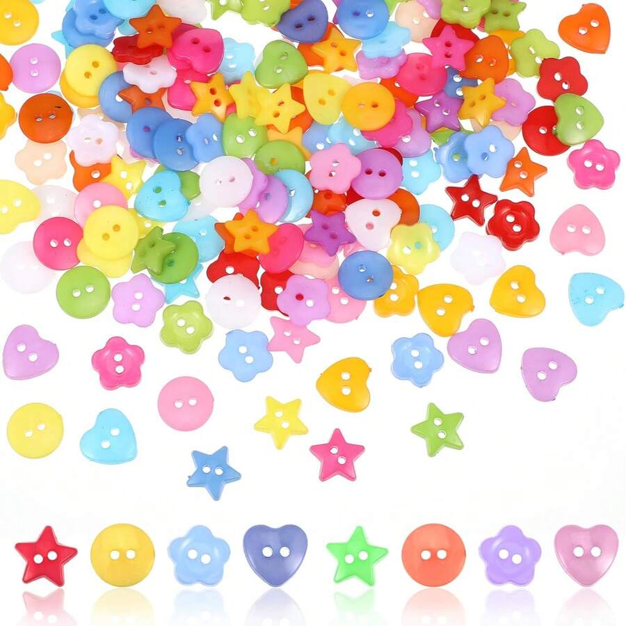 200pcs 1.2-1.5cm Mixed Color Small Flower Buttons, Suitable For Sewing, Knitting And Other Handicrafts; Colorful Resin Flower/Heart/Round/Star Shaped Double Hole Pink Sewing Buttons, Suitable For Clothing; Decorative Plastic Accessories, Suitable For Sewing, Clothing Accessories, Gifts, DIY Crafts, Scrapbooking, Handmade Sewing, Knitting, Dolls, Etc.
