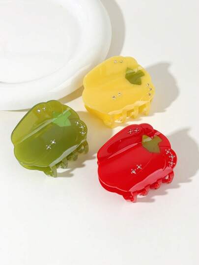 1个女士彩色水钻辣椒发夹，可爱中号醋酸纤维拼接发爪，适合日常使用