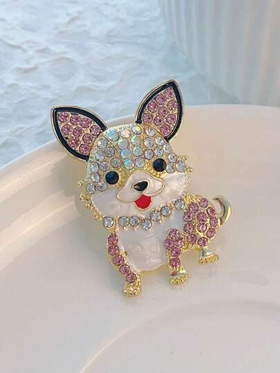 1pc Cute Cartoon Rhinestone Puppy Brooch, Versatile Clothing & Bag Accessory, Creative Animal Decor