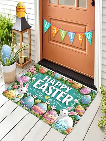 1pc Easter Bunny Pattern Doormat, Soft Faux Wool Machine Washable Non-Slip Long Runner Rug, Plush Small Area Rug, Living Room Carpet, Suitable For Bathroom Bedroom Kitchen Entryway Window, Housewarming Wedding Gift, Holiday Decor, Multiple Sizes Available (62.99*70.87inch)
