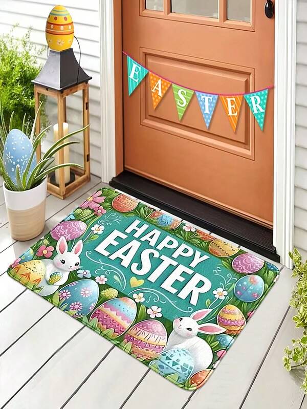 1pc Easter Bunny Pattern Doormat, Soft Faux Wool Machine Washable Non-Slip Long Runner Rug, Plush Small Area Rug, Living Room Carpet, Suitable For Bathroom Bedroom Kitchen Entryway Window, Housewarming Wedding Gift, Holiday Decor, Multiple Sizes Available (62.99*70.87inch)