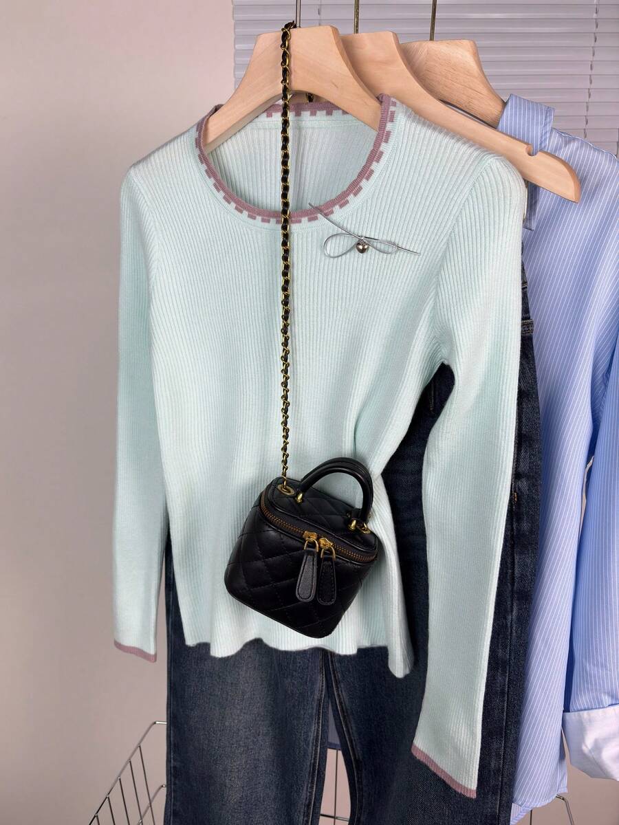 Spring/Summer New Contrast Color Round Neck Ribbed Knit Sweater Women, Long Sleeve Asymmetrical Hem Fitted Commuter Top - Baby Blue - View 1
