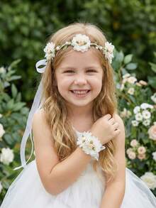 2件套米色网纱玫瑰花冠+花朵手链套装，适合女孩和女士，可用于婚礼、新娘、派对、拍照道具、周年纪念、情人节礼物、亲子装。 - 米色 - 查看 6