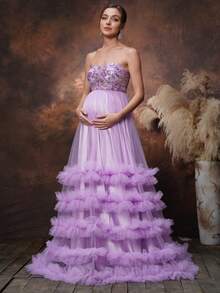 Faeriesty 孕妇优雅派对亮片撞色网纱无肩带连衣裙 - 紫色 - 查看 8