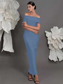 露肩绷带针织紧身连衣裙，奢华欧式风格，修身铅笔裙，适合家庭聚会、派对、宴会等场合。 - 淺色水洗藍 - 查看 5