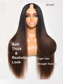 V型分缝无胶Yaki直发升级版假发，带抽绳翻转式发片，魔术V型线，新手友好，留毛极少，易于塑形，黑色到栗棕色渐变Yaki假发，带隐形抽绳，UNice女士假发 - SNATURAL/33 - 查看 5