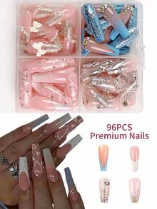 96 Pieces 4 Sets Of Glitter French Acrylic Manicure Patches Love Butterfly Rhinestone Push-On Nails Long Manicure Set, Including 4 Pieces Of Jelly Glue And 4 Nail Files, Suitable For Hen Parties, Dance Parties, Daily Casual Wear. Detachable And Reusable Fake Nails - Multicolor - View 1