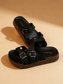 A Pair Of 2026 New Women's Casual Buckle Slippers, Thick Soled Toe Clip On Sandals, Comfortable Beach Women's Shoes - Black - View 2