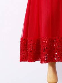 Spring/Summer Girls' Elegant Princess Dress With Crystal Embroidered Bow, Sequins & Mesh Details At Back - Red - View 8