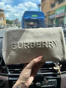 Burberry Beige Canvas Cosmetic Pouch - 1-Piece Zippered Makeup Bag With Embossed Logo & Leather Zipper Pull, Luxury Designer Travel Toiletry Organizer For Daily & On-The-Go Use - Beige - View 4