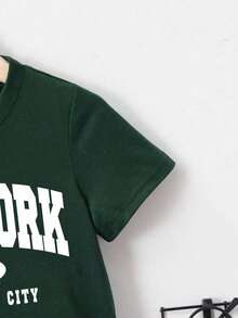 2pcs/Set Boys' Casual Multifunctional Minimalist Letter Print Short Sleeve T-Shirt And Shorts, Suitable For Outdoor, School, Vacation, Travel, Relaxation, Sunbathing And Other Summer Occasions - Dark Green - View 3