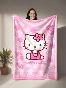 SANRIO Chăn nỉ mềm mại với họa tiết hoa Hello Kitty dễ thương, nền màu hồng, hình Hello Kitty ở trung tâm đội vòng hoa, bao quanh là bướm và hoa, mang lại sự ấm áp và mềm mại, thích hợp cho ghế sofa, giấc ngủ trưa, trang trí giường ngủ. - Nhiều màu - Xem 2
