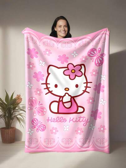 Sanrio Soft Flannel Blanket With Cute Hello Kitty Floral Design, Featuring A Pink Background, Central Hello Kitty Wearing Flower Crown, Surrounded By Butterflies And Flowers, Providing Warmth And Softness, Suitable For Sofa, Nap, Bedding Decor