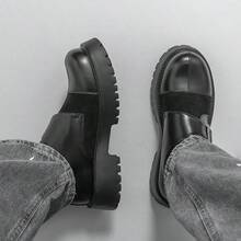 Men Low-Top Boots, Quilted Preppy College Style Buckle Thick Sole Lightweight Comfortable Leather Shoes, Unisex All Season - Black - View 6