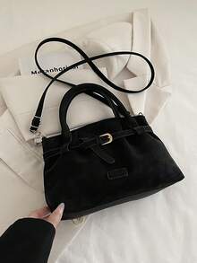 复古麂皮休闲单肩包，大容量手提包，简约时尚水桶包，适合通勤、购物、约会、旅行、办公、商务、生日礼物等场合，拉链封口，可调节肩带，肩带装饰 - 黑色 - 查看 9