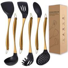 Juego utensilios cocina grande silicona antiadherente 6 piezas grado alimenticio resistente calor mangos acero - Aire - Ver 8