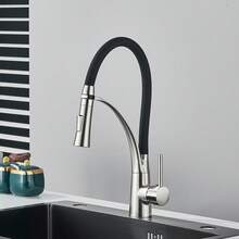 Ausziehbarer Küchenwasserhahn mit flexiblem Silikonsprüher, Einhebel-Auszieharmatur aus Messing mit Schwanenhals, moderne Hochbogenarmatur, Chrom mit schwarzem Gummi-Ausziehschlauch - Gebürstetes Nickel - Übersicht 10