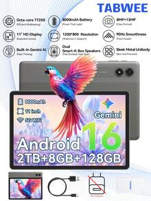 TABWEE T50 Tablet, Latest Android 16 OS, 11-Inch HD IPS Display, 24(6+18)GB RAM + 128GB Storage/2TB TF Card, Gemini AI 2.0, GPS, 5G WiFi, 2.0GHz CPU And 5MP Camera, 8000mAh Battery, GMS Certified (Adapter Not Included) - Grey - View 3
