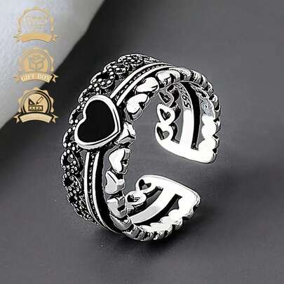 1入組S925純銀黑色心形復古朋克嘻哈中空女士戒指，可調整