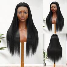Natural Black 13x4 Straight Lace Front Wig Women's 26 Inches Pre-Pulled Bleached Knot Short Bob Straight Hair Heat Resistant Fiber Synthetic Mixed Human Blended Hair Wig With Baby Hair Cosplay Daily Party - Natural & Black - View 3