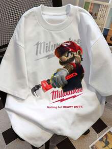 Men's Print T-Shirt -  Wearing  Hat Holding Tool With Logo And Slogan Casual Round Neck Short Sleeve Tee For Urban Streetwear, All-Season Comfort Fit-Black - 白色 - 查看 1