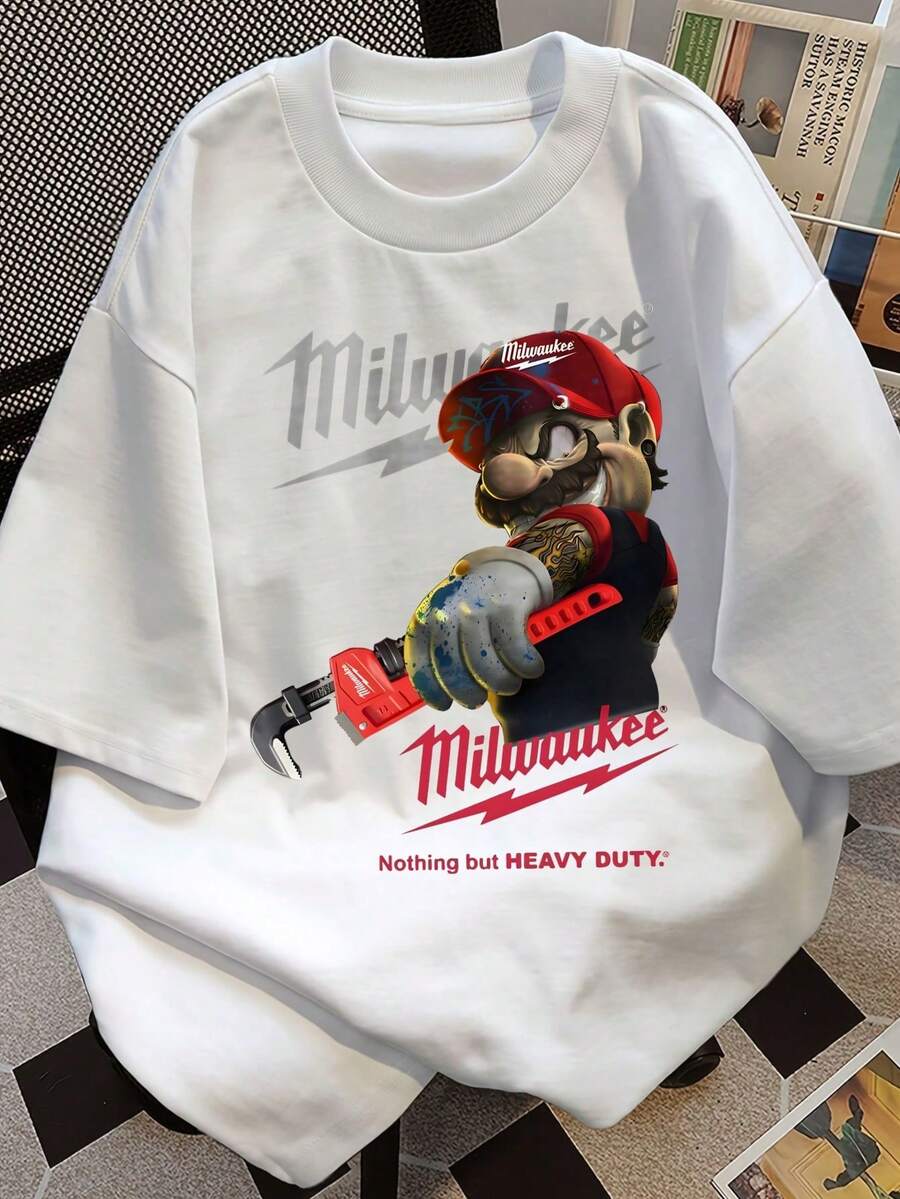 Men's Print T-Shirt -  Wearing  Hat Holding Tool With Logo And Slogan Casual Round Neck Short Sleeve Tee For Urban Streetwear, All-Season Comfort Fit-Black - 白色 - 查看 1