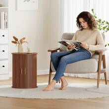 Round Fluted Nightstand, Mid Century Modern Tall Side Table With Storage, End Table With Sliding Tambour Doors, Adjustable Shelf, Small Wood Bedside Table For Bedroom,Living Room,Office - Lạc đà - Xem 2