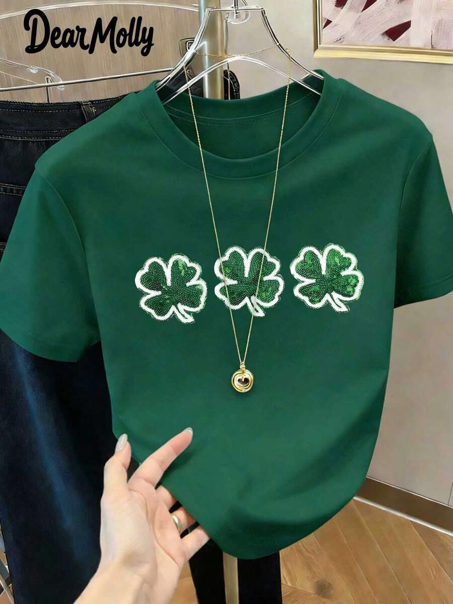 LOVE MOLLY 圣帕特里克节女士圆领T恤，幸运四叶草印花短袖休闲T恤，适合日常穿着和节假日，是情人节夏季送给她的绝佳礼物。 - 墨綠色 - 查看 1