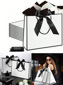 5 Peças - Sacolas de Presente de Papel Kraft Horizontal, Sacolas de Compras, Sacolas com Alças, Sacolas Tipo Tote com Decoração de Laço, Adequadas para Halloween, Ação de Graças, Natal, Ano Novo, Casamento, Aniversário e Outras Ocasiões, Sacolas de Compras Minimalistas de Cor Sólida - Preto e Branco - Visão 2