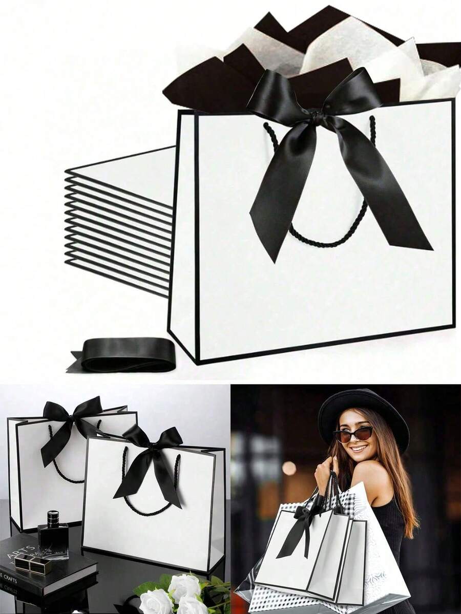 5 Peças - Sacolas de Presente de Papel Kraft Horizontal, Sacolas de Compras, Sacolas com Alças, Sacolas Tipo Tote com Decoração de Laço, Adequadas para Halloween, Ação de Graças, Natal, Ano Novo, Casamento, Aniversário e Outras Ocasiões, Sacolas de Compras Minimalistas de Cor Sólida