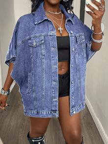 Women's Loose Fit Denim Bat Wing Casual Jacket Spring - Blue - View 5