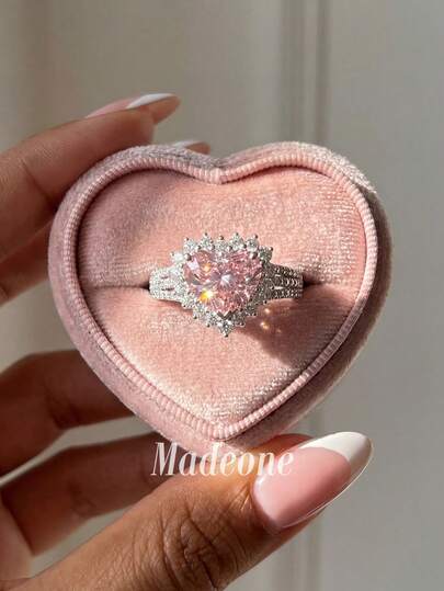 Stylever 1pc 925 Sterling Silver Vintage Pink Diamond Heart-Shaped Ring, Sparkling And Charming, Suitable For Dates And Parties, An Ideal Gift For Her (MadeOne Brand)