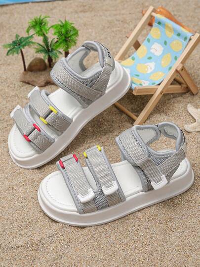 儿童透气网面运动凉鞋 - 双可调节魔术贴绑带，轻便厚底，撞色设计，休闲夏季幼儿鞋